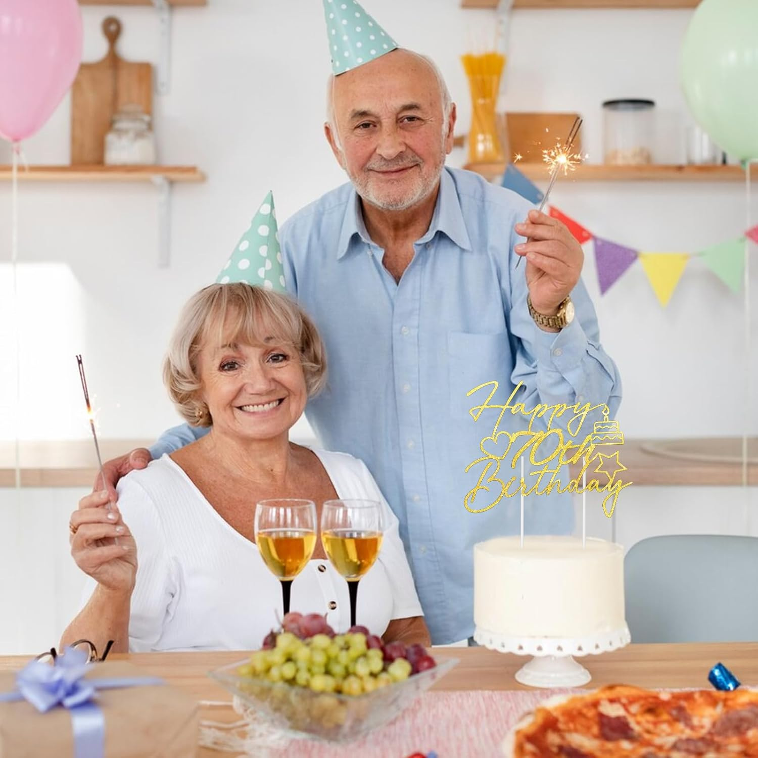 Buziba Happy 70Th Birthday Cake Toppers Gold Glitter Heart Star Cake Decorations for Birthday Themed Party Supplies (70Th) image number 5