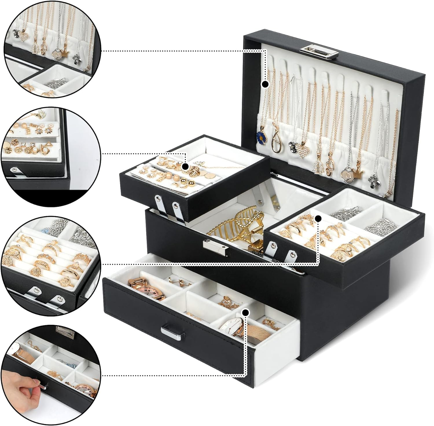Dajasan Jewelry Boxes for Women Girls, Jewelry Organizer Box, 3 Layers Jewelry Storage Organizer for Earring, Ring, Necklace, Bracelets (Black) image number 5