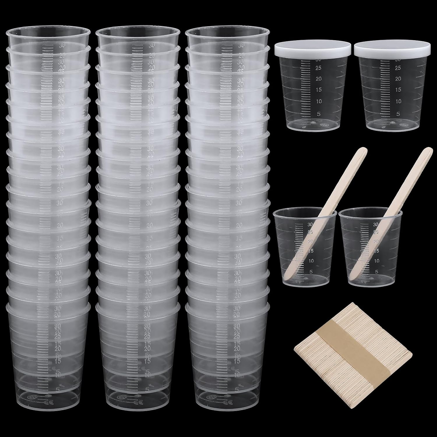 Small Measuring Cups, 30 Ml Plastic Measuring Cups, Pack of 50 Measuring Cups, Small Plastic Mixing Cups, Plastic Measuring Cups with Wooden Sticks and Lid for Mixing Resin, Stain, Epoxy and Paint image number 2