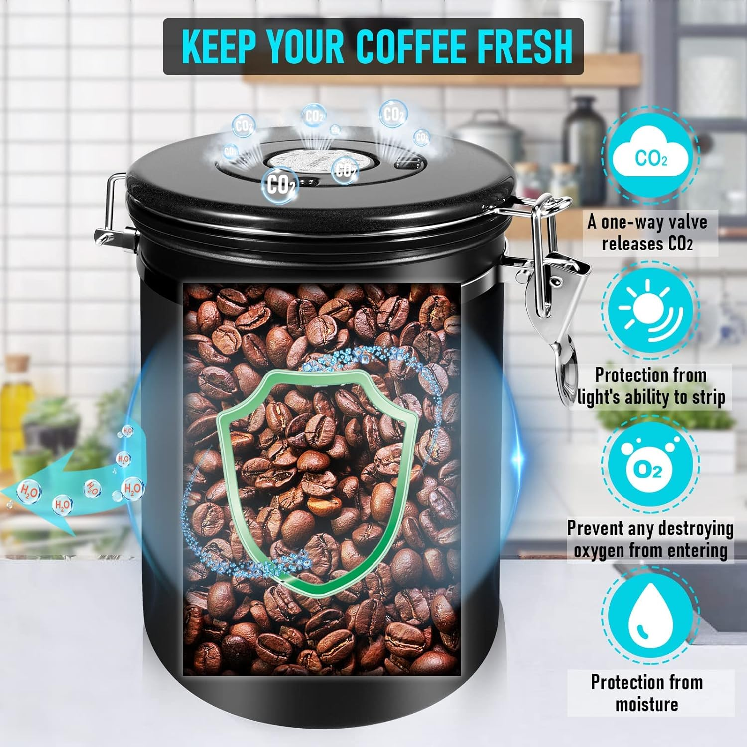 1.8L Airtight Coffee Canister, Stainless Steel Coffee Jar with Measuring Scoop, Date Tracker and 2 CO2 Release Valve, Coffee Container for Beans, Ground, Tea, Flour and Sugar Black image number 1