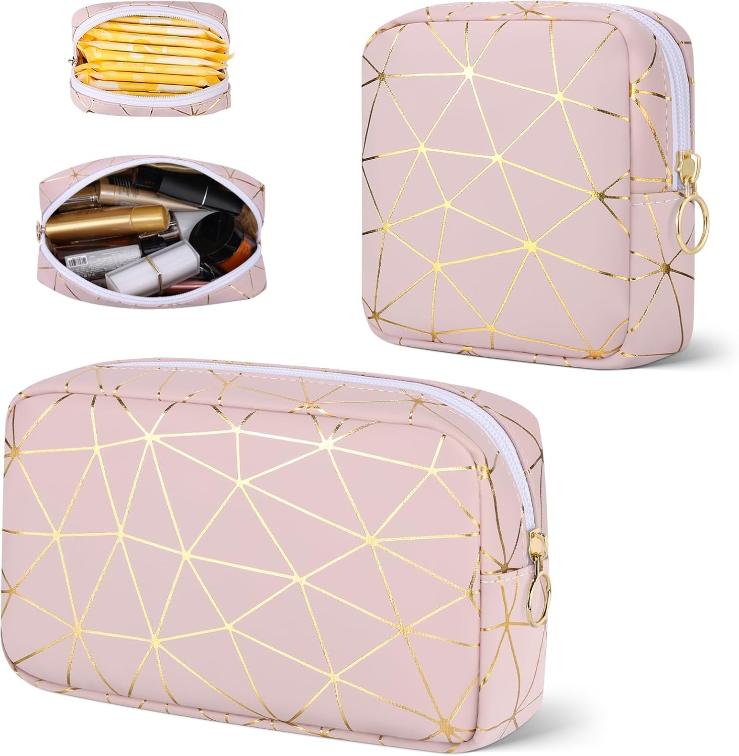 Period Bag for Teen Girls, Leather Sanitary Napkin Storage Bag, Portable Menstrual Pad Bag Period Pads Pouch, Small Make up Bags, Beige Gold, Fashions image number 6