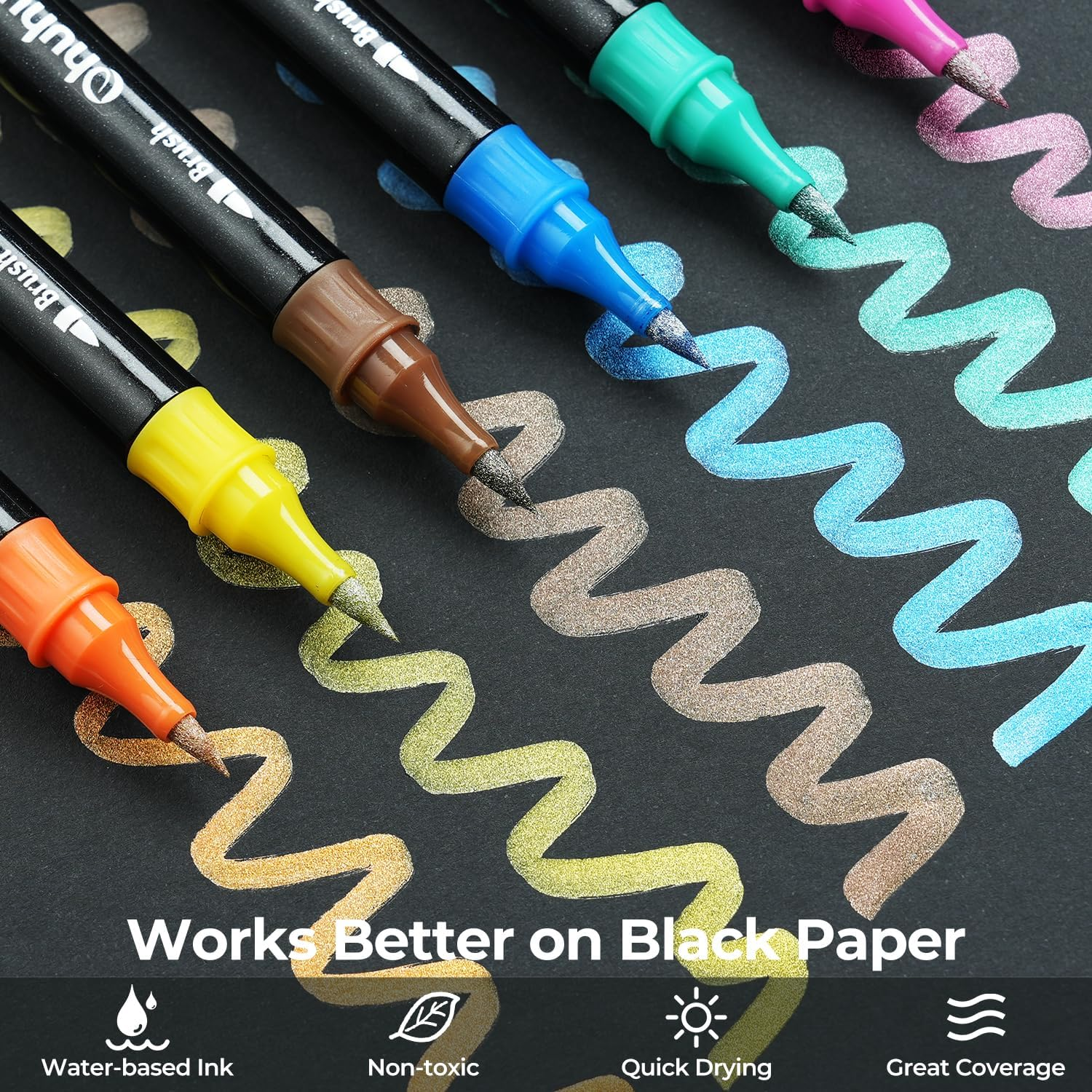 Ohuhu 24 Brush Metallic Markers, Dual Tip Glitter Pen, Acrylic Paint Pens with Brush and Fine Tips, Premium Window Marker for DIY Cards, Coloring Books, Scrapbook, Paint Rock Art, DIY Craft image number 4