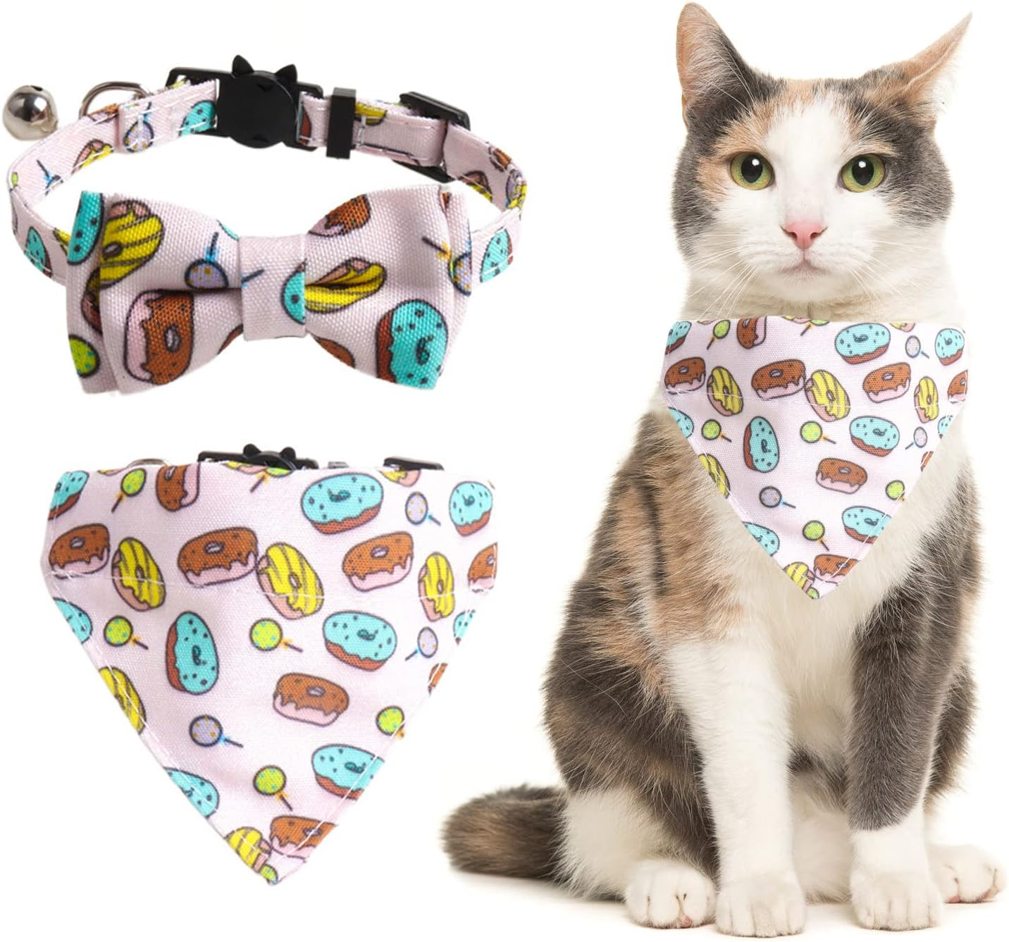 HACRAHO Bow Tie Cat Collar Bandana, Pack of 2 Adjustable Breakaway Cat Collar with Bow Tie and Bell, Removable Bow Tie Bandana for Kittens and Puppies, Hamburger Fries