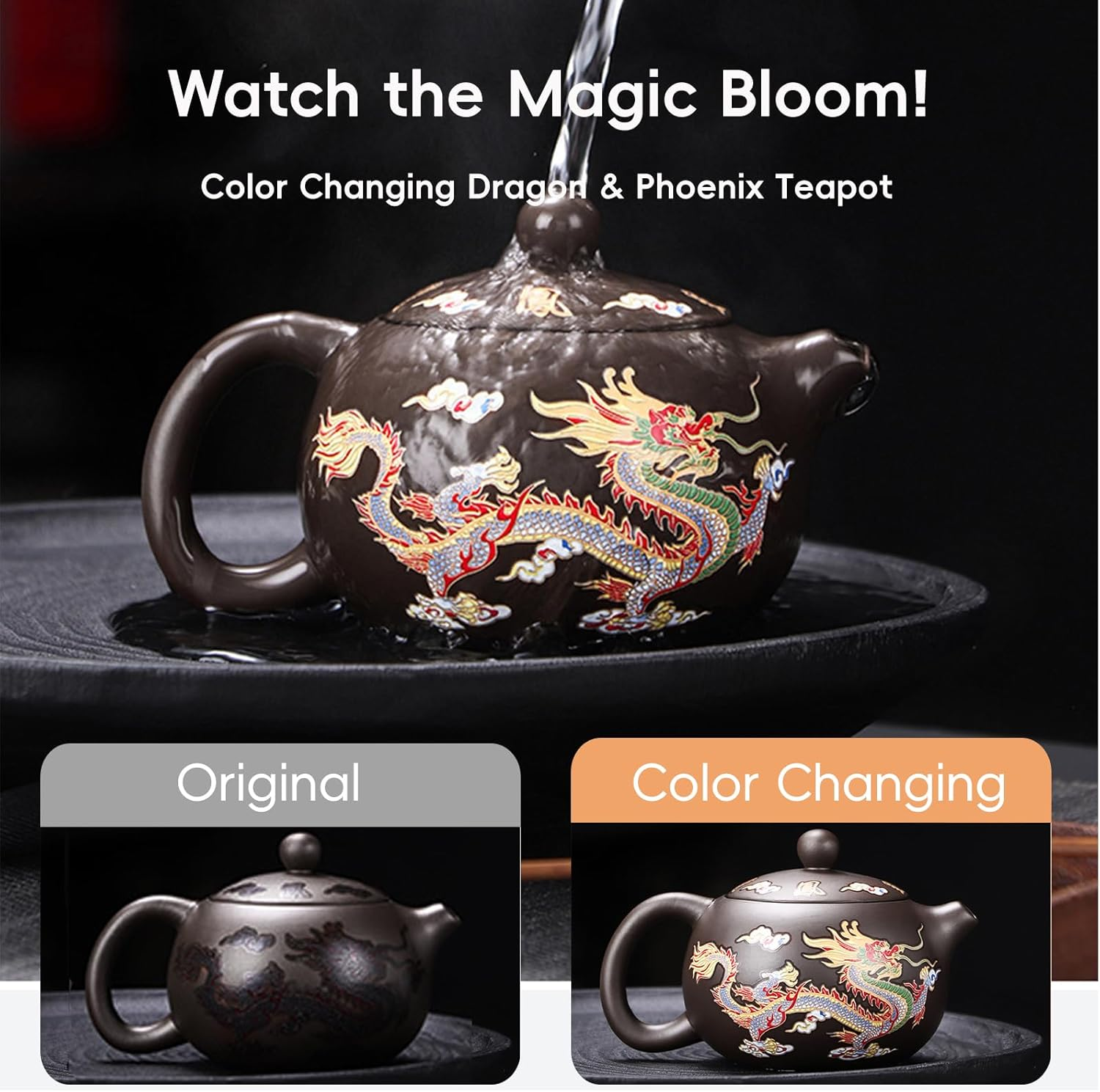 Hormsdar Hand-Made Dragon and Phoenix Color-Changing Purple Clay Teapot Zisha Tea Set Kettle Kung Fu Tea Pot Tea Lover&lsquo;S Gift (With 2* Teacups), Teapot+2Cups image number 1