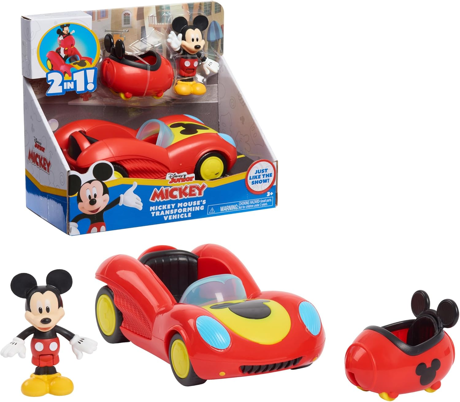 Disney Junior Mickey Mouse Funhouse Transforming Vehicle, Mickey Mouse, Red Toy Car, Preschool, by Just Play