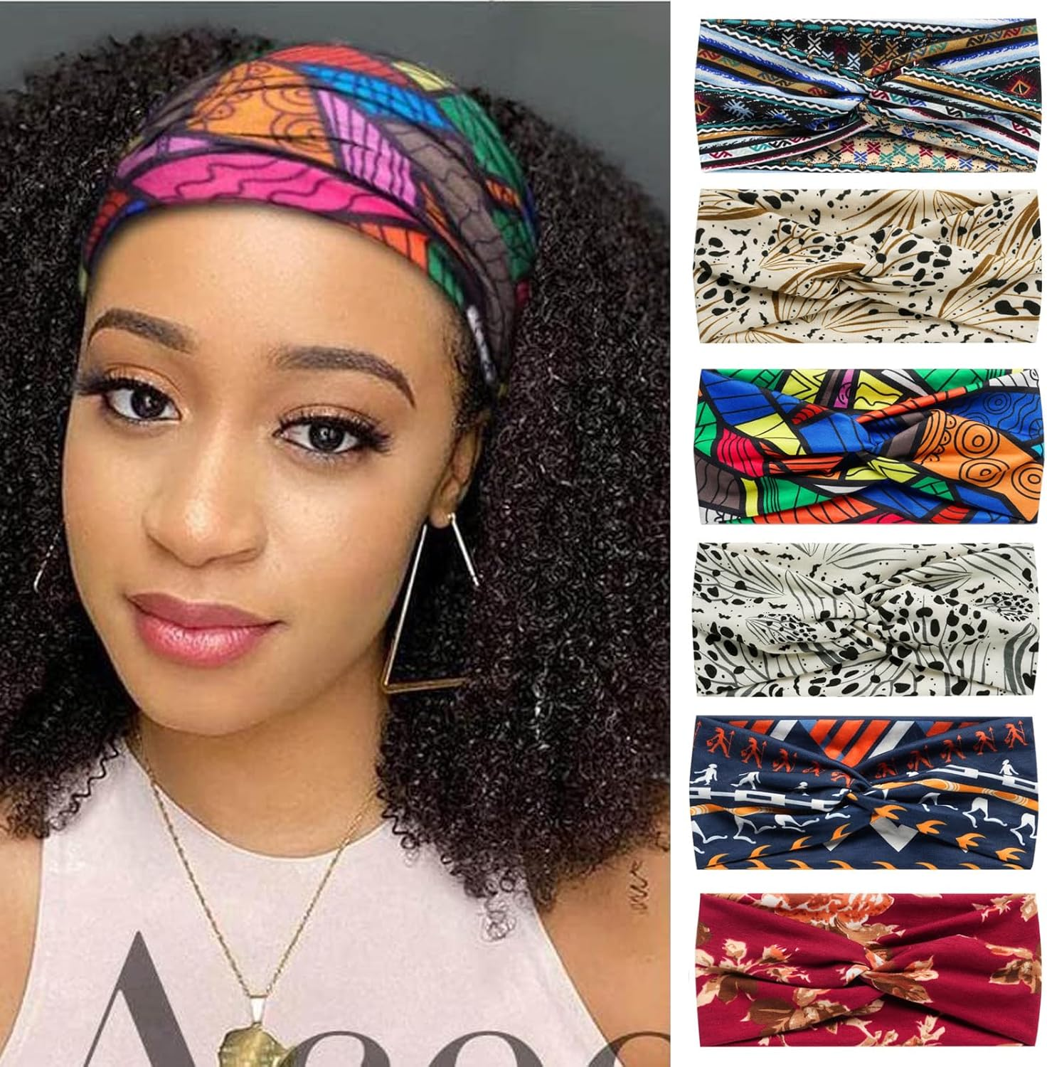 6Pcs Bandana Headbands for Women Wide Wavy Headscarf Boho Head Scarfs Wraps Turban Fabric Elastic Headband Yoga Hairbands Sport Running Headscarves