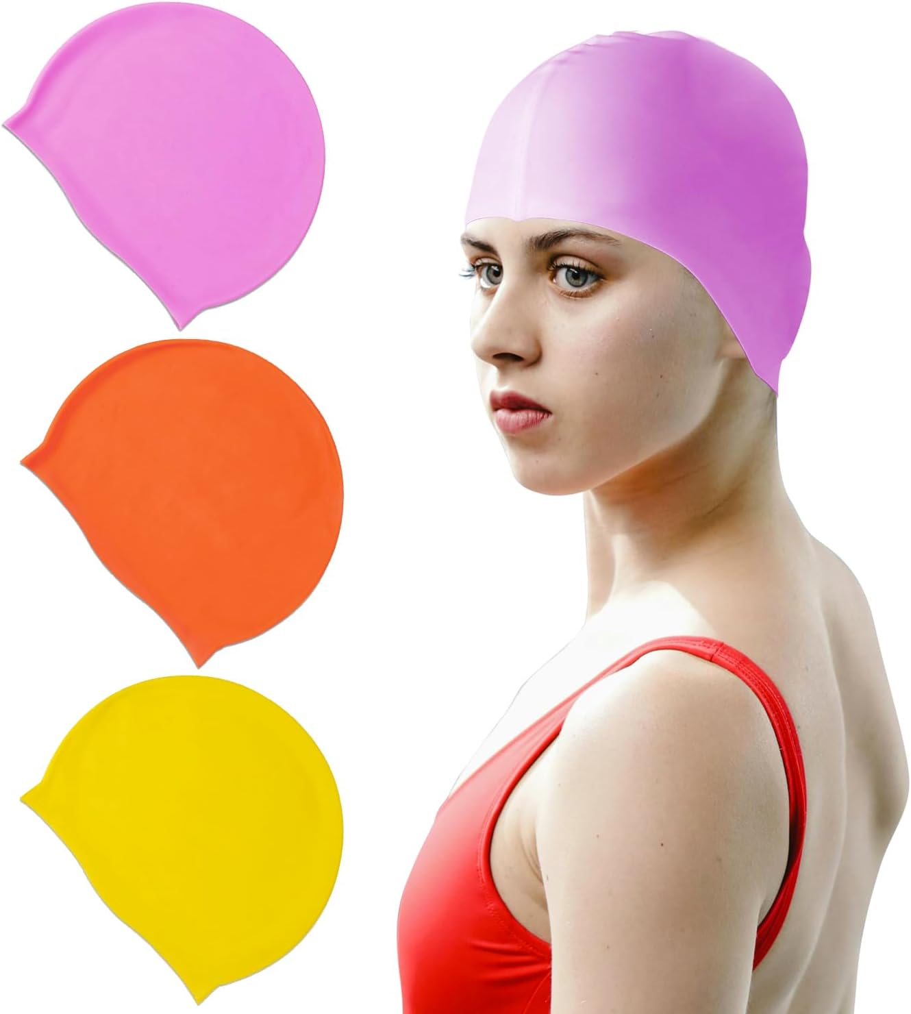 Chamgeco 3PCS Silicone Swim Cap, Unisex Adult Waterproof Bathing Pool Swimming Hat, Stretchable Durable Non-Slip Swimming Pool Cap Shower Caps, Elastic Swimming Cap