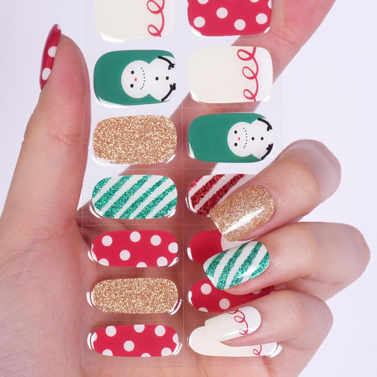 DANNI & TONI UV Gel Nail Foils (Glittering Holiday) Red and Green Christmas Day Snowman Christmas Stickers Nail Stickers Nail Design Nail Foil Self-Adhesive Wraps 28 Stickers