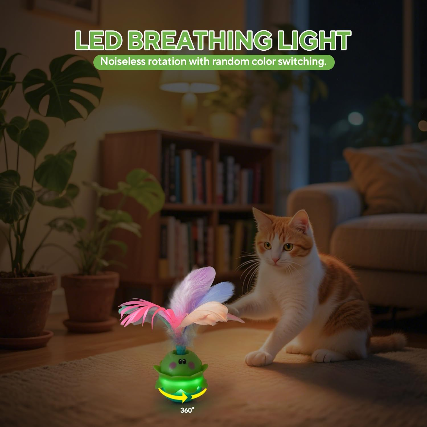 LIFLIX Interactive Automatic Cat Feather Toy, Rotating with LED Light, Electronic Chirping Toy for Indoor Cats, Rechargeable, Green image number 6