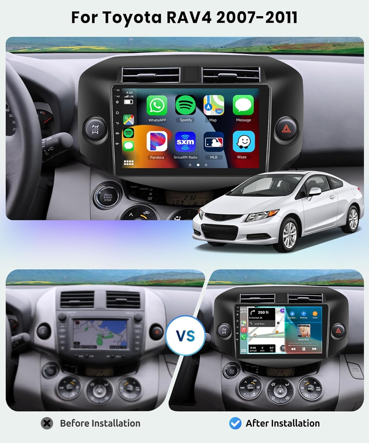 8-Core 2G+64G Car Radio for Toyota RAV4 2007 2008 2009 2010 2011, Wireless Apple Carplay Android Auto Car Stereo, 10.1&rdquo; IPS Touchscreen with Wifi, GPS, Bluetooth, FM/RDS, 32EQ DSP, Rear Camera image number 2