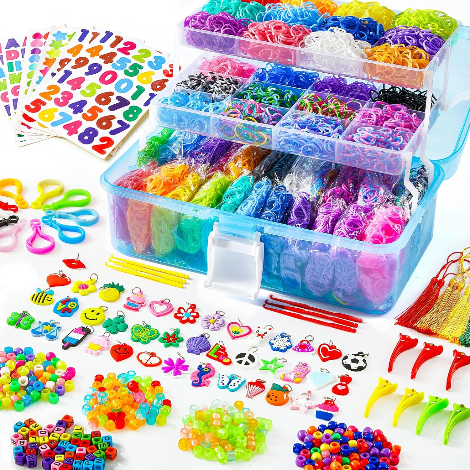 INSCRAFT 17500+ Rubber Loom Bands with 3 Layer Transparent Container, 28 Colors, 600 S-Clips, 352 Beads, 40 Cartoon Pendant, Bracelet Making Refill Kit for Kids