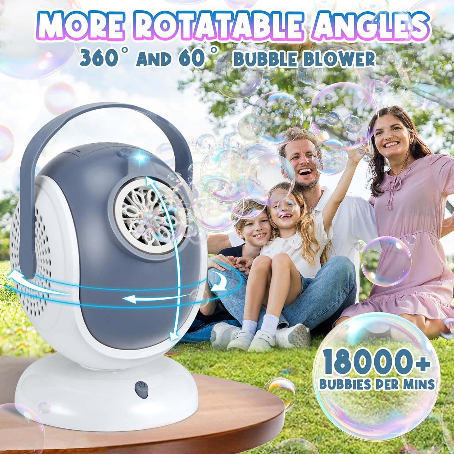 Bubble Machine, 360&deg; Rotation and 75&deg; Adjustment Bubble Machine Toy with LED Light for Easter, Outdoor, Birthday, Party Gifts, Ages 15 and Above