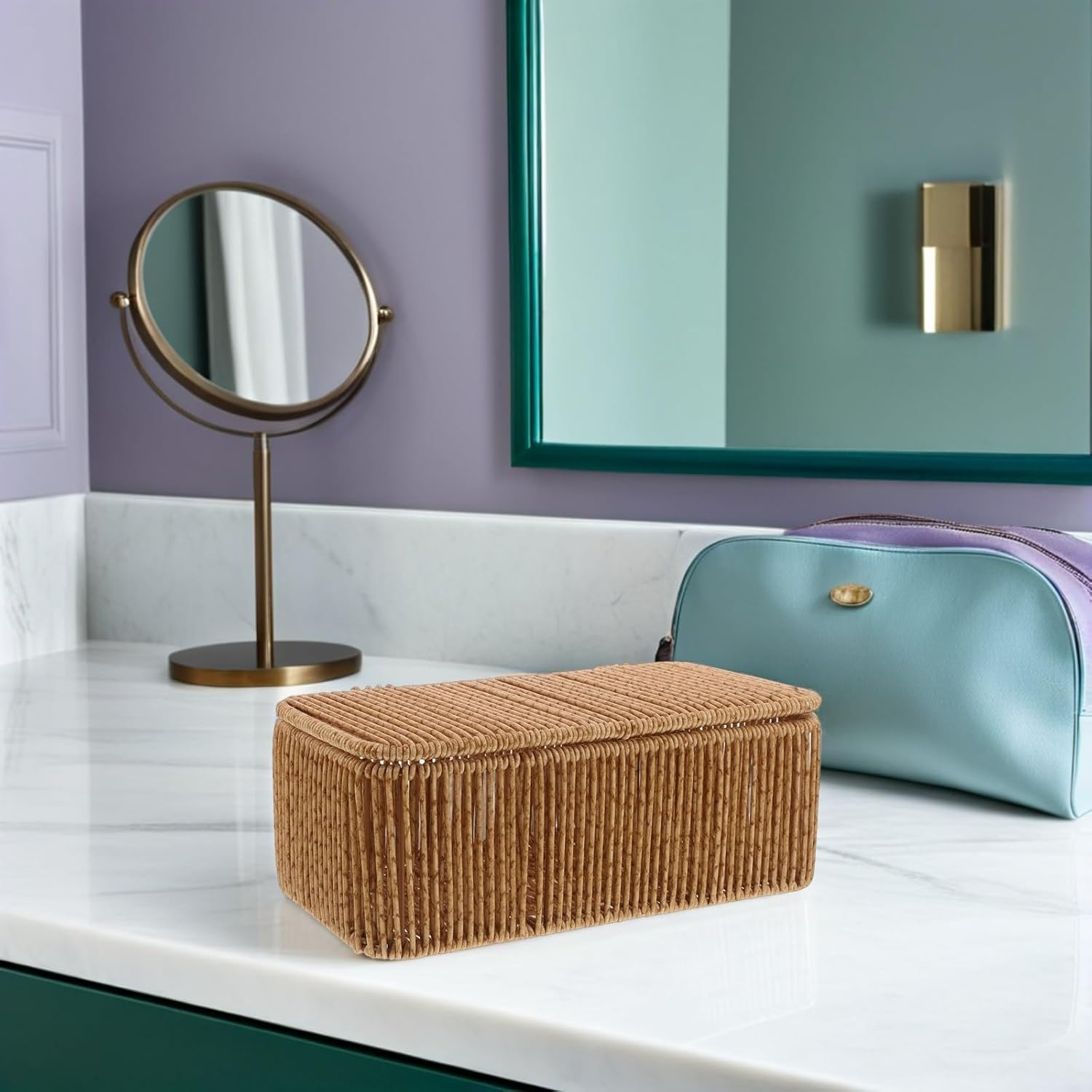 PAMINGONO Small Rectangular Rattan Storage Basket with Lid, Woven Desktop Organizer Box with 2 Dividers, Dustproof Makeup and Cosmetic Storage for Bedroom and Bathroom Shelves image number 4