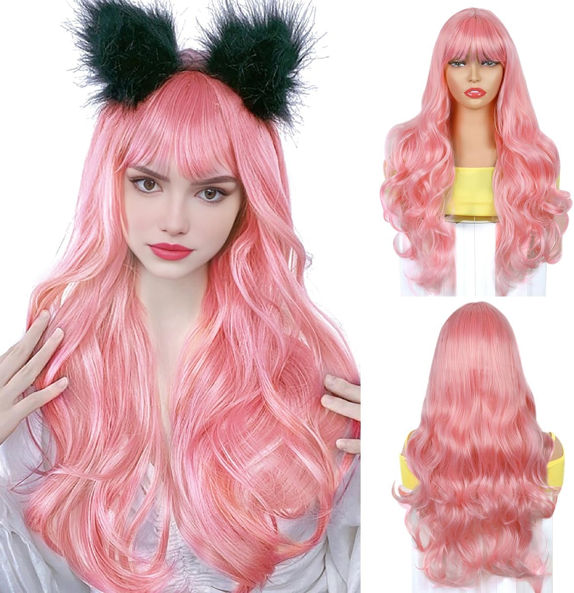 BECUS Long Ginger Wigs for Women Orange Wavy Curly Wig with Bangs Synthetic Hair Wig - 1B image number 6