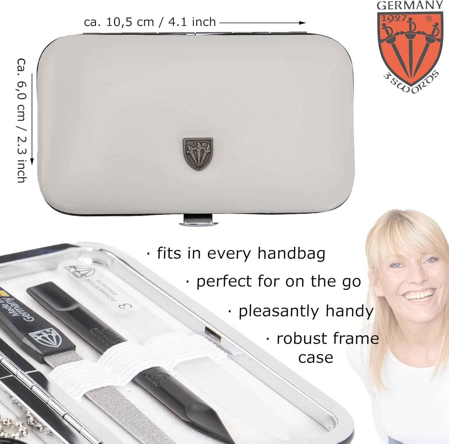 3 Swords Germany - Brand Quality 6 Piece Manicure Pedicure Grooming Kit Set - Scissors, Metal and Glass Nail File, Clipper, Tweezers with Synthetic Leather Case - White/Black Tools - Black image number 6