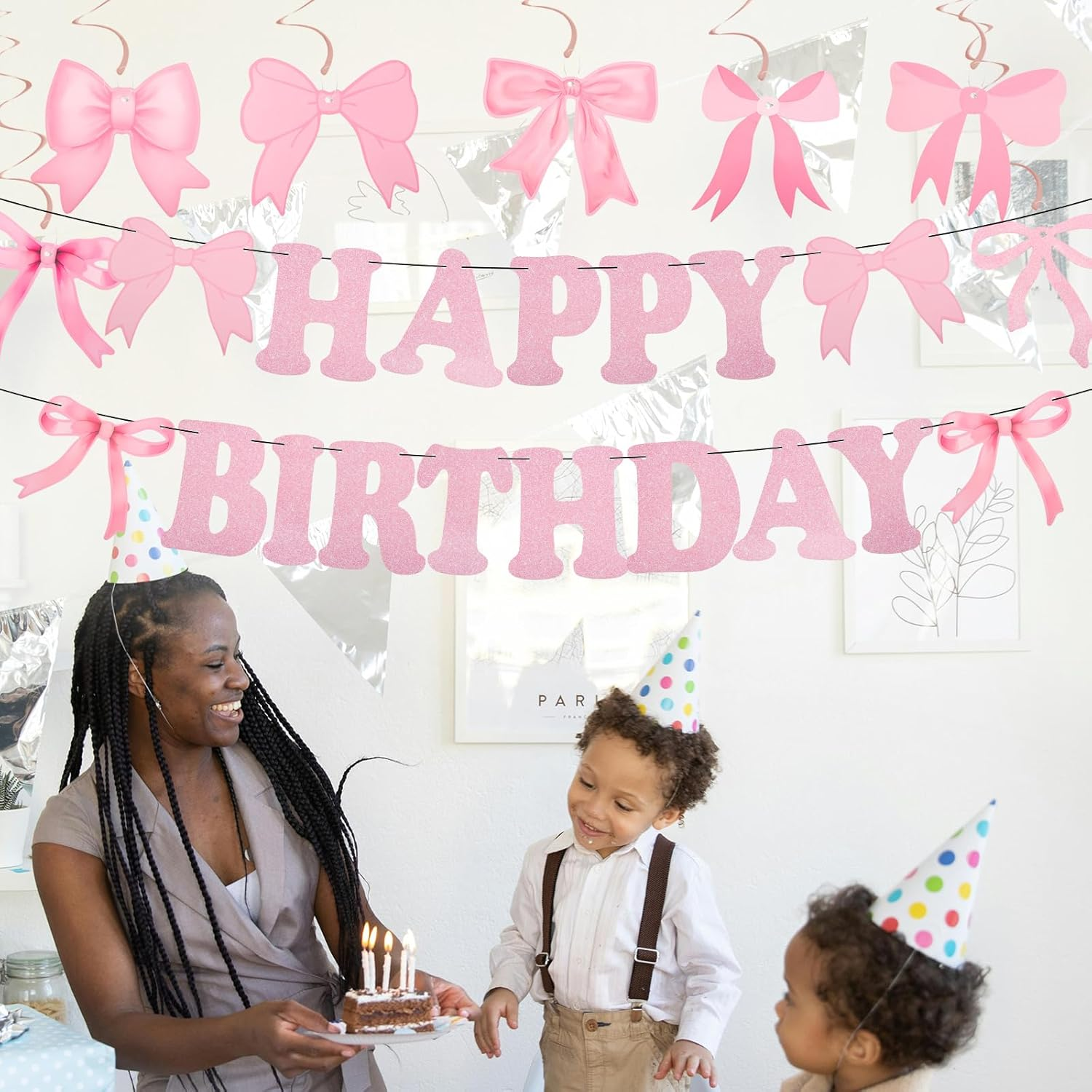 Bow Happy Birthday Banner, Pink Bow Birthday Garland Bow Birthday Banner for Women Girls Birthday Party Decoration image number 2