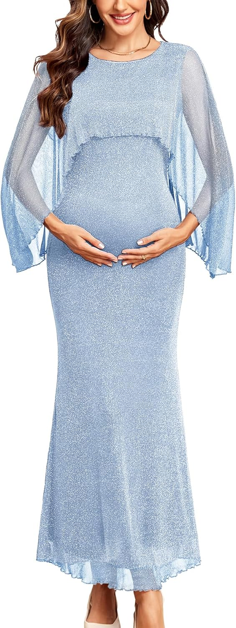 Maternity Sparkly Cape Mesh Dress Maxi Mermaid Bodycon Pregnancy Dresses Wedding Guest Baby Shower Formal Dress