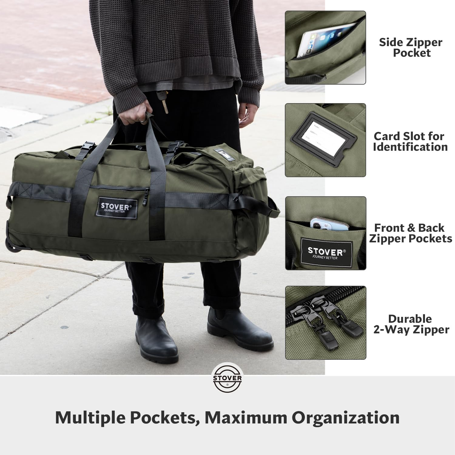 STOVER 100L Rolling Duffel Bag with Wheels, X-Large Durable Travel Duffle + Toiletry Bag, Heavy Duty, Packable with Shoulder Straps- Use as Luggage or Backpack, Men/Women (Green)