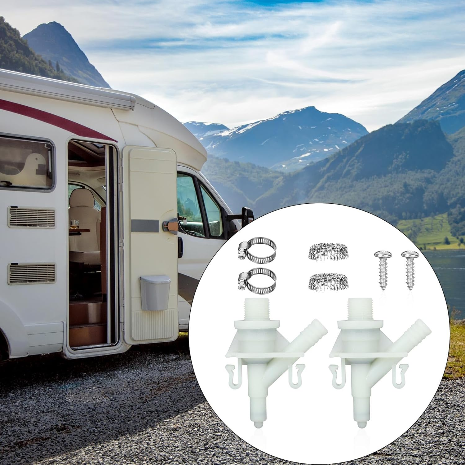 2 Pack 385311641 RV Toilet Water Valve Replacement Kit, Pedal Flush Toilet Valve Parts with Hose Clamps Mesh Filters and Screws Compatible with Dometic & Sealand 300 310 320 Series image number 6