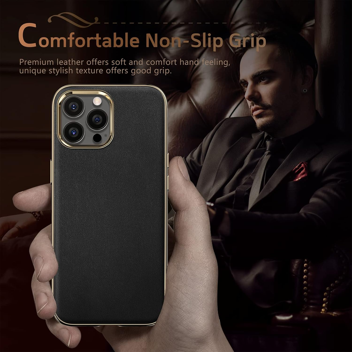 LOHASIC Designed for Iphone 13 Pro Leather Case, Luxury Business Classic Non Slip Soft Grip Full Body Protective Men Phone Cases Cover Compatible with Iphone 13 Pro 5G 6.1 Inch - Black Gold image number 4