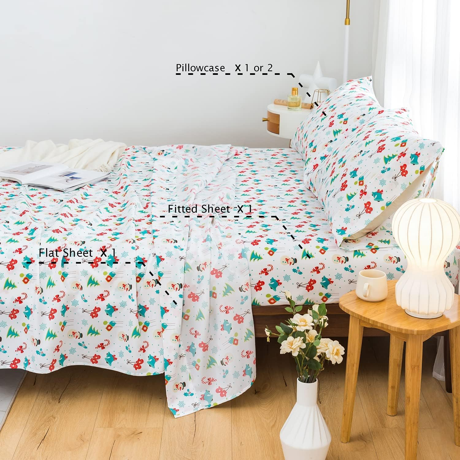UDEAL Flower Bed Sheets Queen Size,Deep Pocket Queen Sheet Sets Floral,Microfiber Queen Sheets Set Deep Pocket,Breathable & Cooling,Easy-Fit Soft,Christmas Tree image number 2