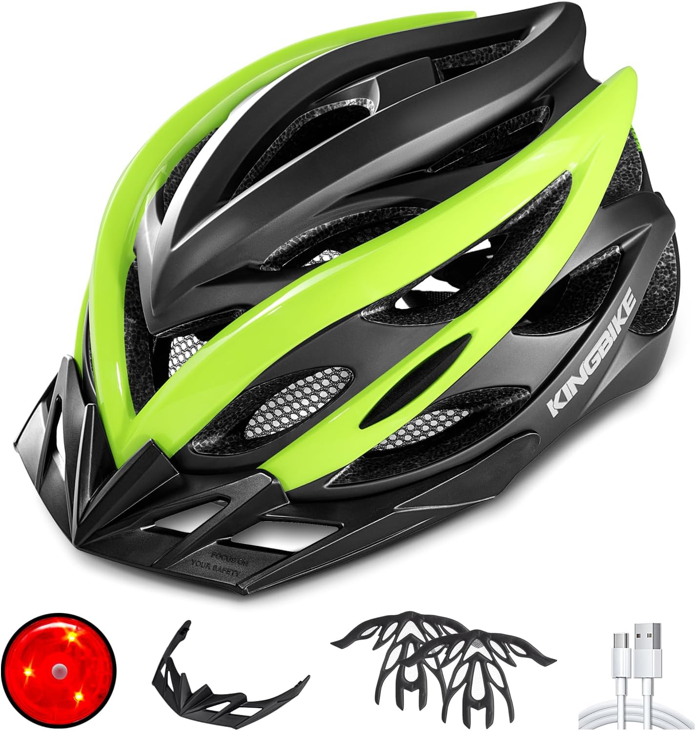 KINGBIKE Bike Helmet with USB Rechargeable Rear Light, Replaceable Liners,Ultra-Lightweight Comfortable for Adult Men Women Youth (54-61CM) image number 4