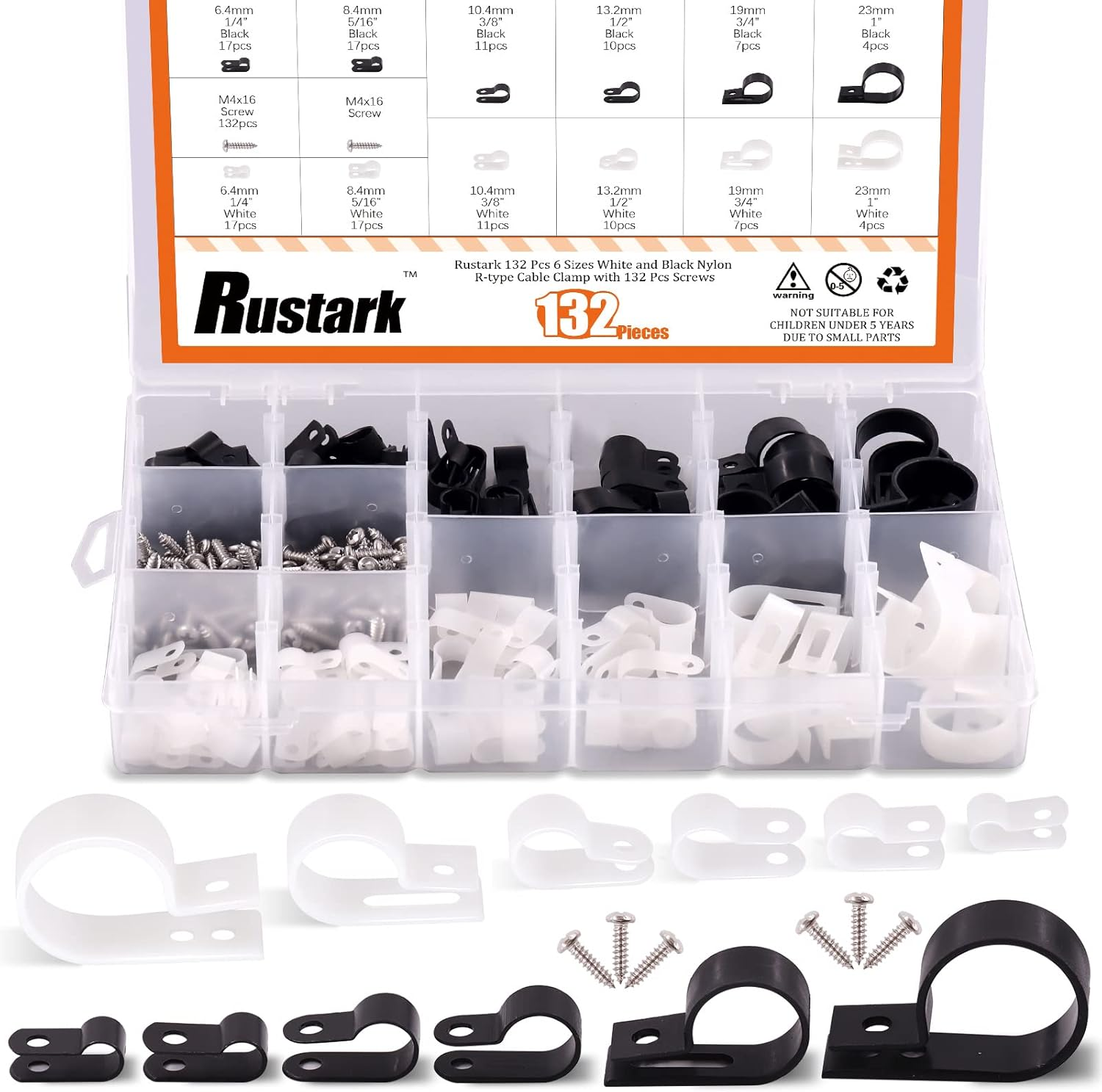 135 Pcs 6 Size Black Nylon R-Type Cable Clamp Clips Fasteners Assortment Kit with Mounting Screw and 135 Pcs Screws Organizer Cord Clips for Wire Management
