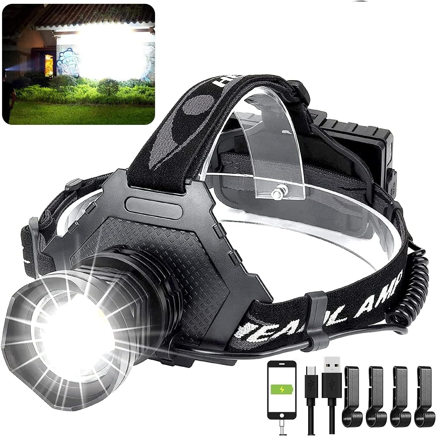 LED Rechargeable Headlamp 90000 High Lumen, XPH70 Brightest LED Work Headlight Zoomable, Waterproof, 90&deg; Adjustable, 5 Modes Lightweight Head Lamp for Adult Camping, Hard Hat, Hunting image number 1
