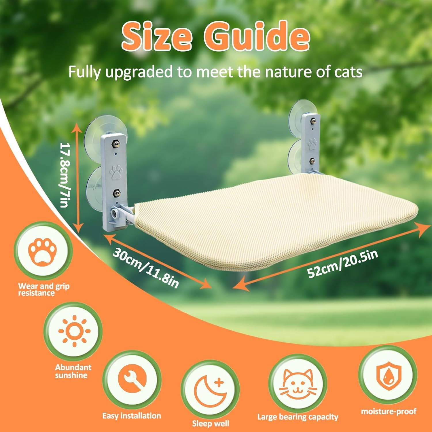 Cat Hammock, Foldable Cat Window Perch - Extra Large 52Cm Cordless Hammock with 4 Super Strong Suction Cups & Metal Frame image number 3