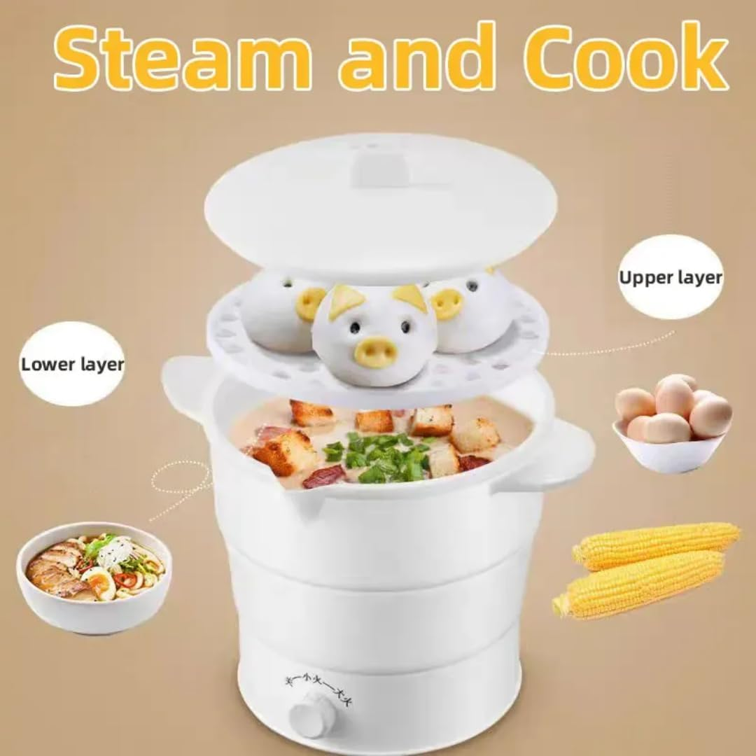1.2L Folding Electric Cooker Food Grade Silicone Cooker Ware Foldable Electric Hot Pot Cooker, Collapsible Household Steamed Eggs Pan Soup Pots Portable Travel Global Use 220V