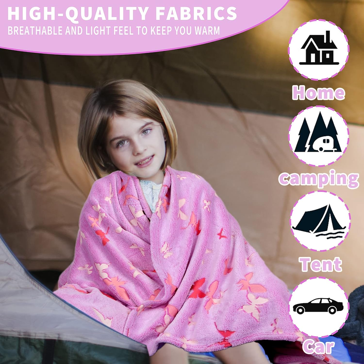 Glow in the Dark Blanket Butterfly Gifts for Kids Girls Birthday Christmas Bedroom Bed Room Decor Soft Cozy Fluffy Plush Fleece Premium Luminous Throw Fun Cool for Teen Toddler 50"X60" - Pink image number 3