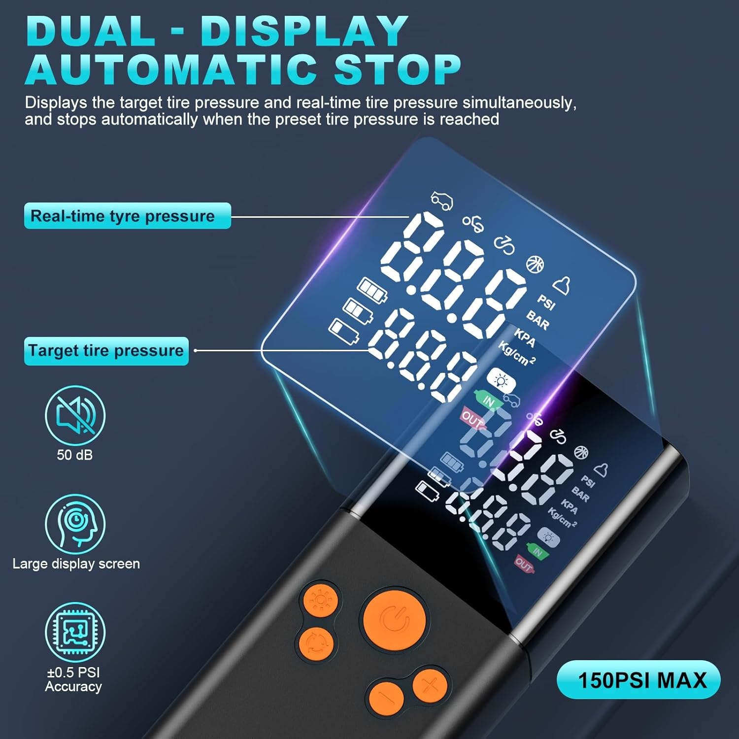 Tyre Inflator Portable Air Compressor Car Tyre Pump,10000Mah Dual Power Supply 150PSI Tyre Inflator Cordless Digital Dual Values Display Tyre Pump for Car Motorcycle Bike Ball image number 1