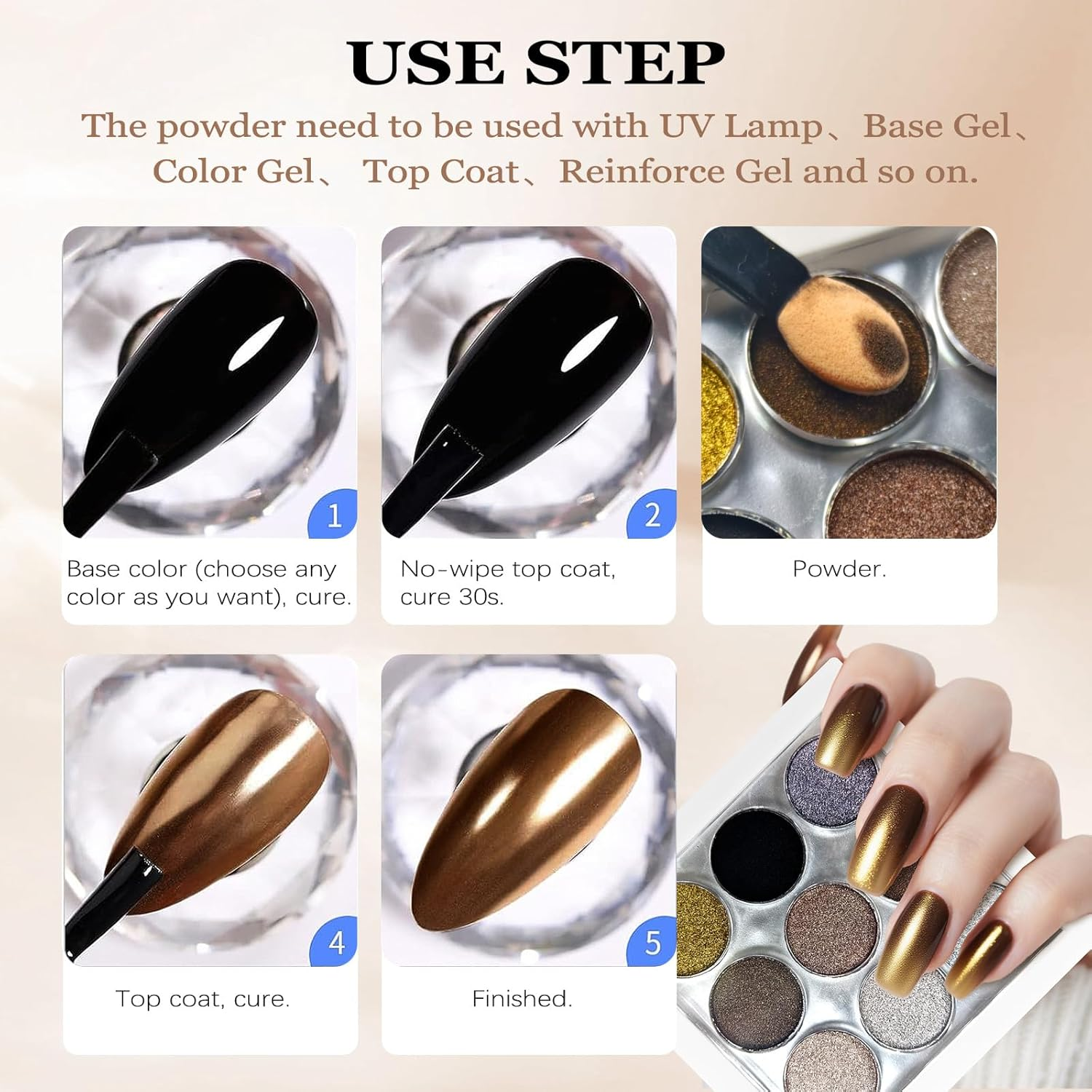 MKNZOME 9 Colors Chrome Nail Powder Palette, Black Gold Brown Silver Metallic Mirror Holographic Powder for Nails, Fine Glitter Nail Art Decoration for Home DIY Salon Manicure Pigment, D