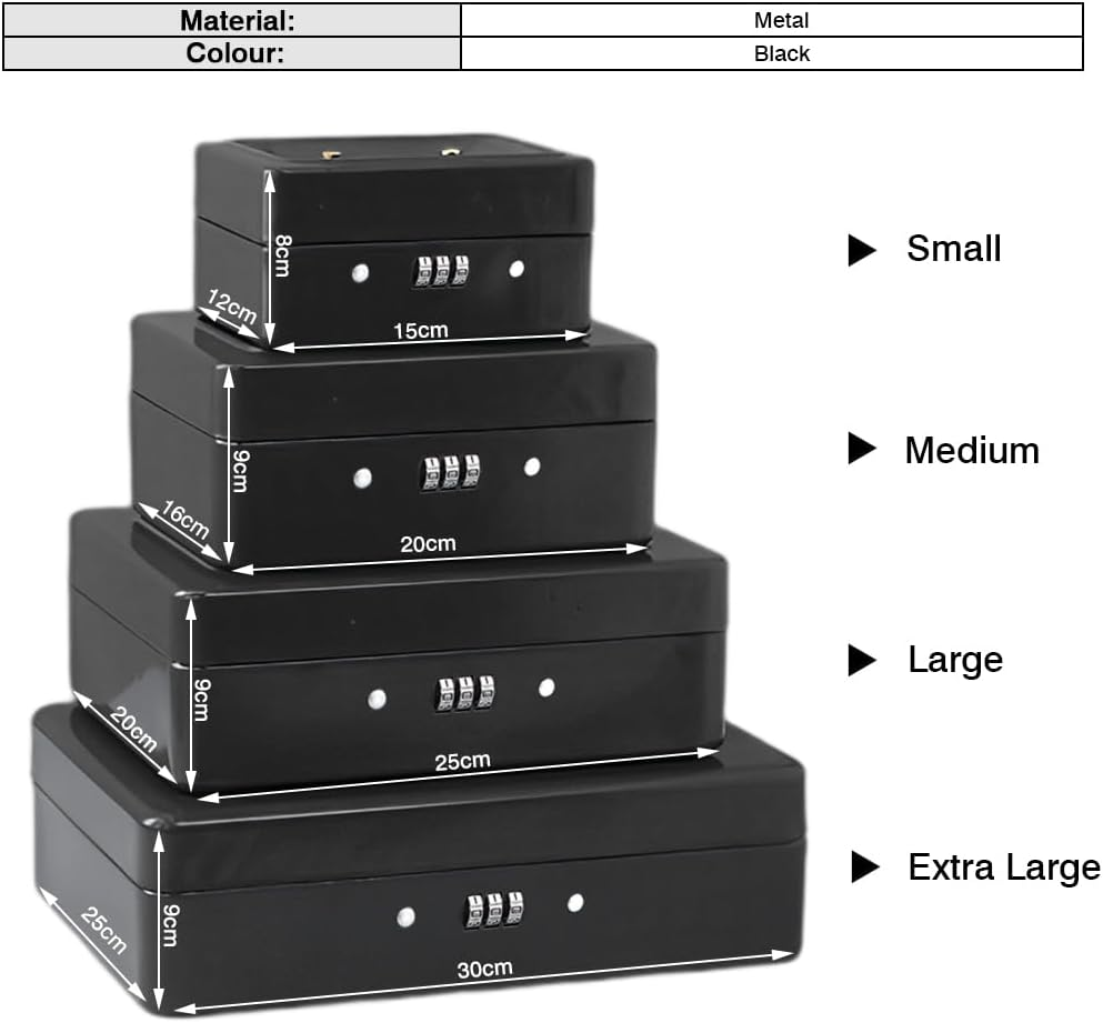 Vivva Steel Cash Box with Combination Lock, Metal Small Money Organizer with Money Tray, Cash Storage Box with Lockable Cover, Cash Drawer(Black, 25X20X9Cm) image number 5