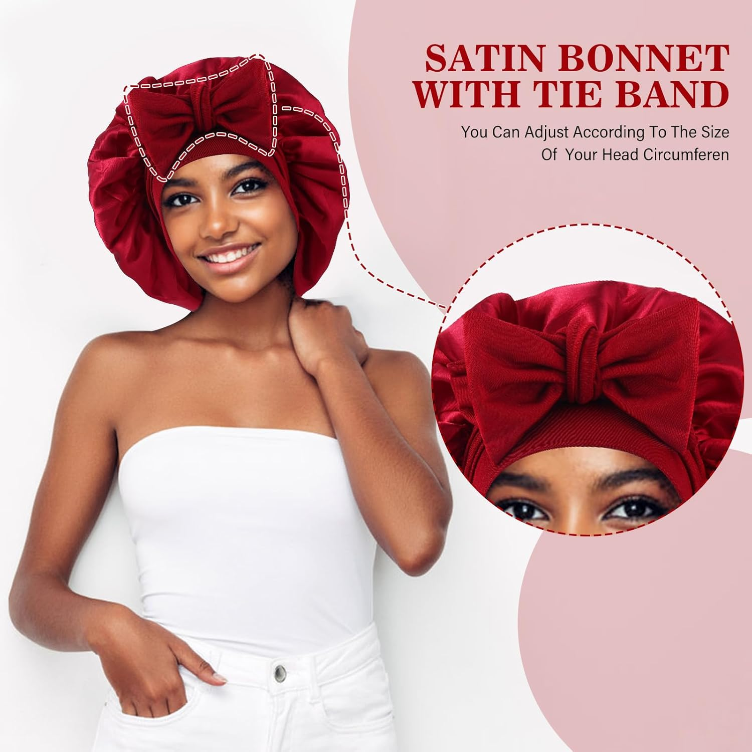 Abeillo Silk Sleep Bonnets for Women, 1PC Adjustable Satin Night Sleeping Cap Soft Elastic Band Silk Bonnets for Sleeping, Hair Bonnet with Tie Band for Curly Hair Braid Women (Wine Red)