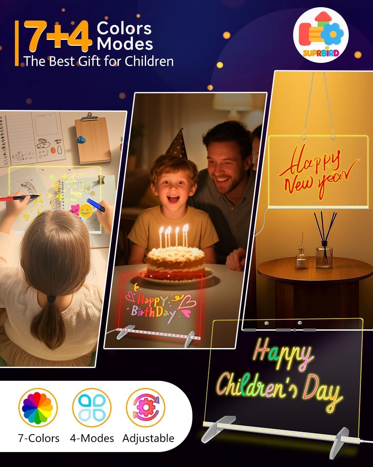 LED Note Board with Colors,30 * 20Cm 4 Modes & 7 Colors Acrylic Dry Erase Board with Light, Include Adapter, Hanging Chain, Led Drawing Board for Kids with Stand image number 3