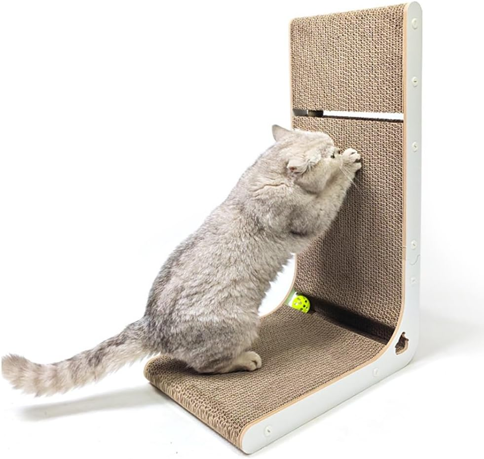 L-Shape Vertical Cat Scratching Board, 23.6" Wall-Mounted Cardboard Cat Scratcher with Catnip Ball Toys, Large Furniture Protector for Indoor Cats