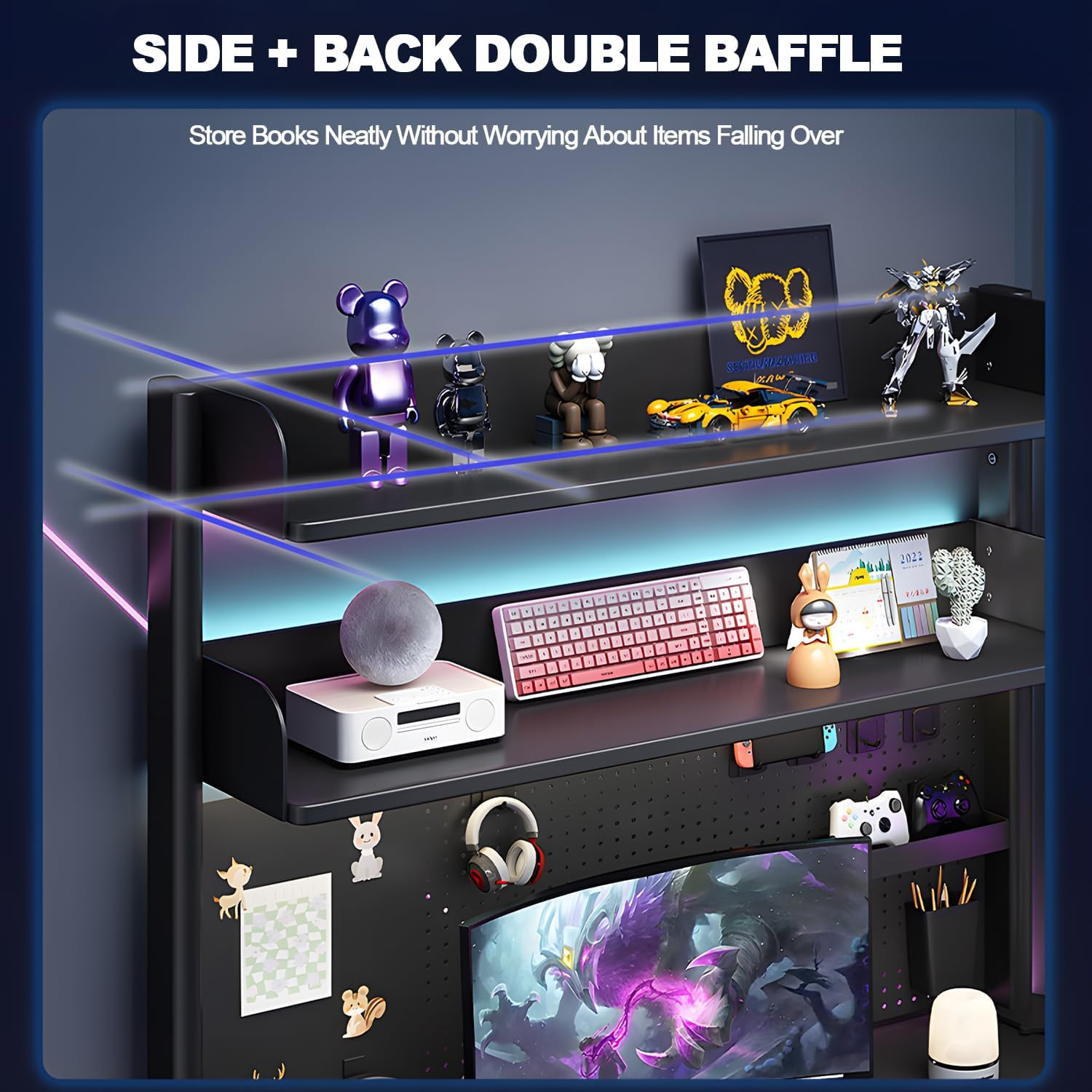 Clamp-On 31.5 Inch above or below Desk 3-Tier Shelving, Desk Organizer Shelf for Office Accessories, Gaming Devices with 20 Pieces Storage Accessories (Black) image number 1