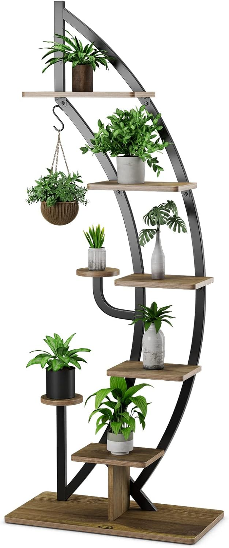 Costway 6-Tier Tall Metal Plant Stand Rack, Curved Half Moon Shape Ladder Planter Shelf W/ Top Hook, Anti-Toppling Device, Modern Flower Pot Holder, Indoor Metal Flower Shelf for Balcony, Living Room