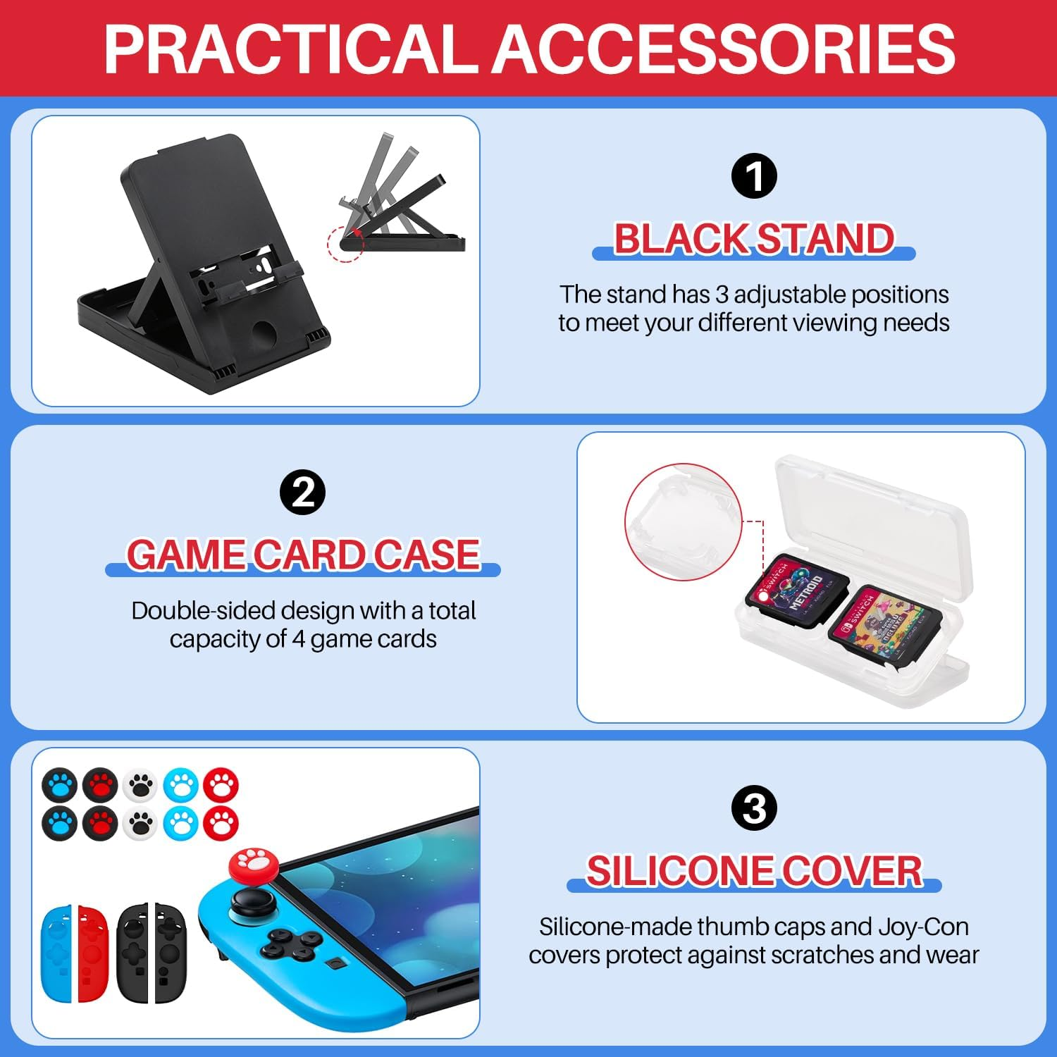 WOTOW Switch 2 Accessories Bundle Kit for Nintendo, Protective Carrying Case with Screen Protectors, Steering Wheels, Grips for Joy-Con2 and Console Protective Shells (Red + Blue) image number 1