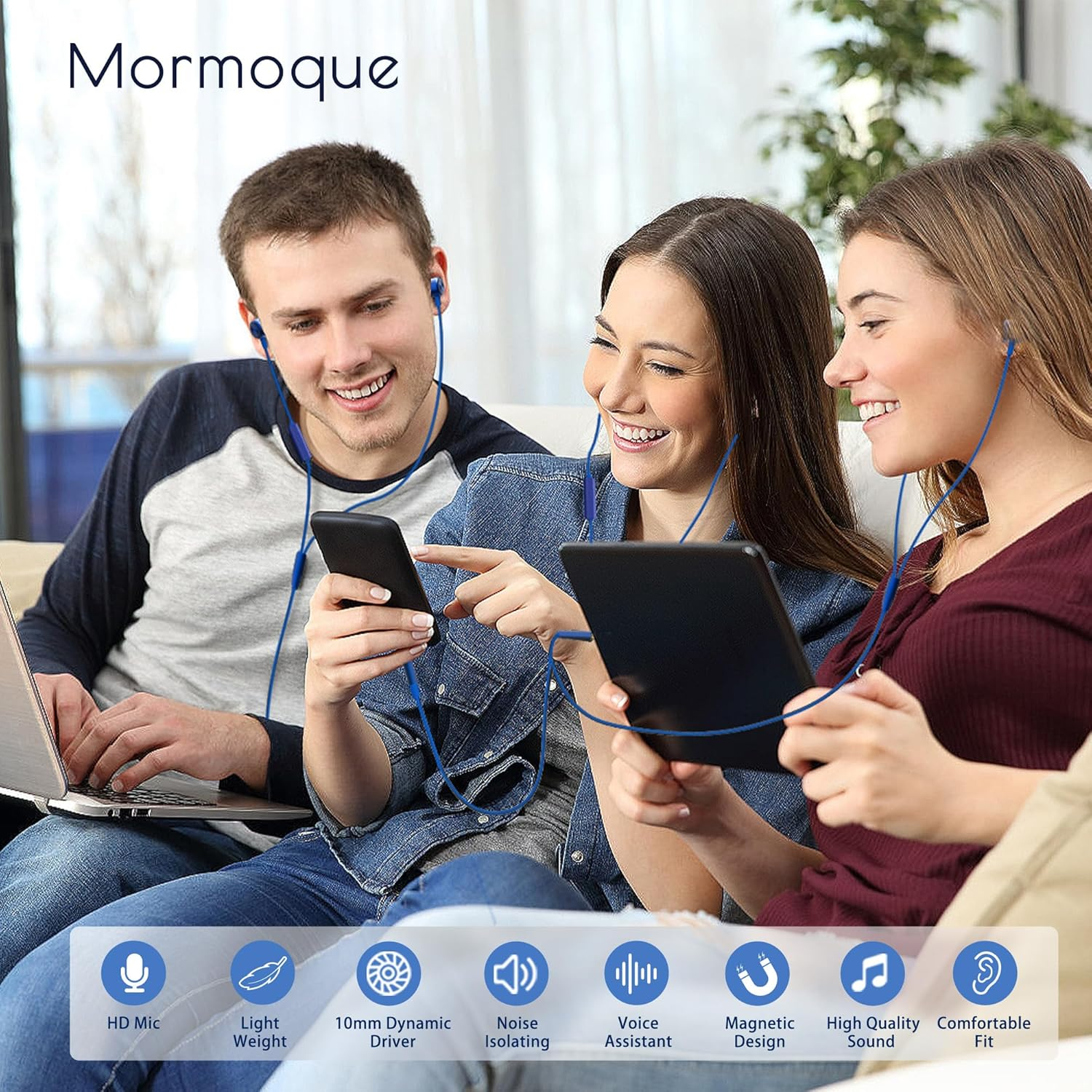 MORMOQUE EP-06 Wired Earbuds In-Ear Earphones,Build-In Microphone Noise Isolating Headphones,3.5Mm Jack 4.9Ft Long Cord Ear Buds,Hd Bass Audio,With 6 Ear Tips,For Smartphones/Laptop/Computer Etc-Blue image number 1