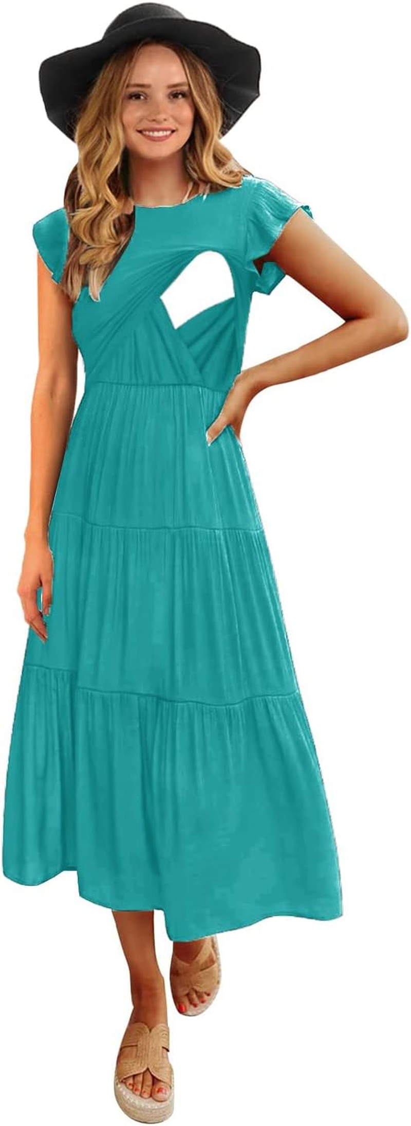 Womens Flutter Short Sleeve Smocked Tiered Nursing Dress for Breastfeeding image number 4