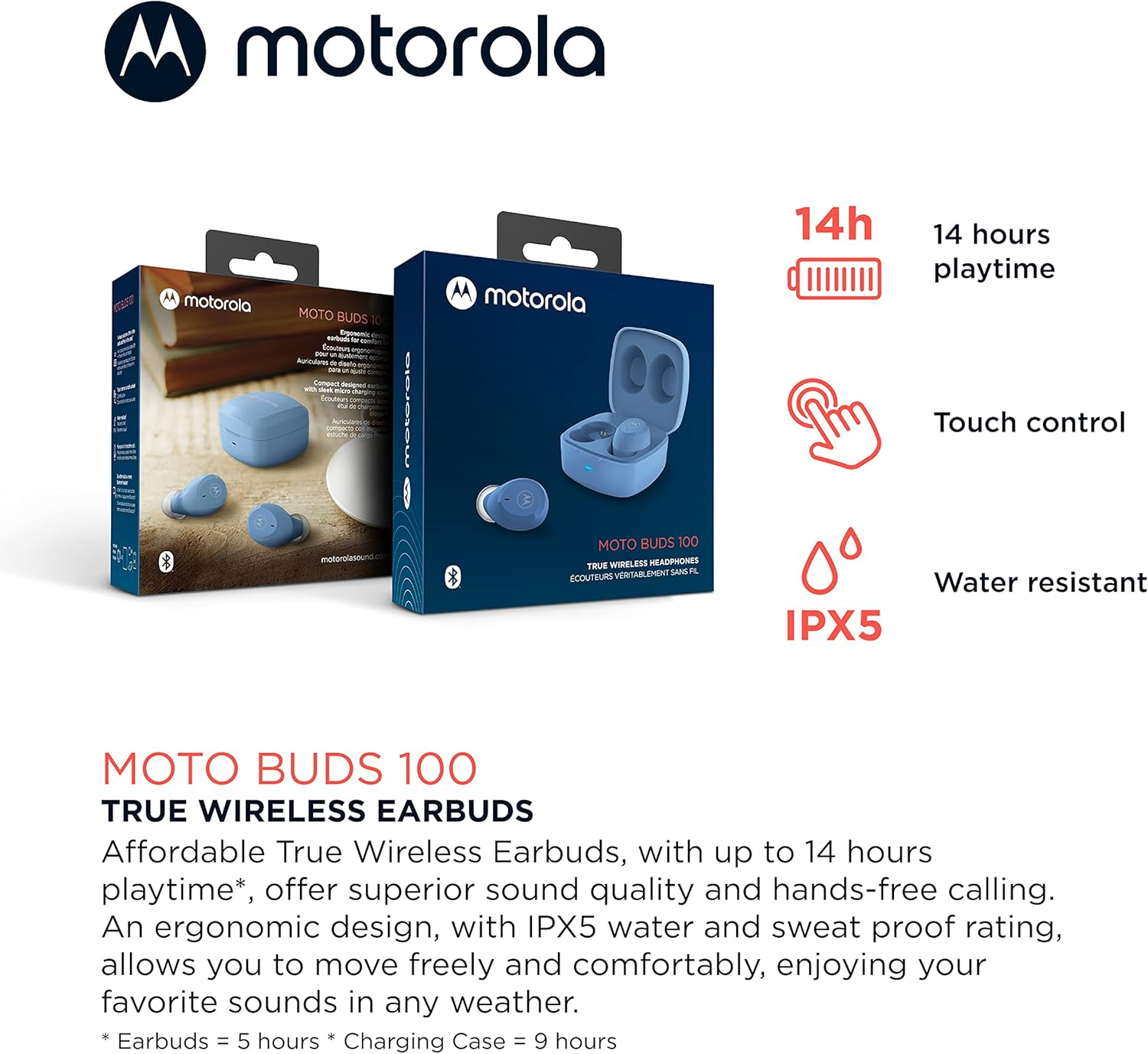 Motorola Moto Buds 100 IPX5 Water & Sweat Proof True Wireless Headphones for Long Hours of Handsfree Calls & Music (Lagoon Blue) image number 5
