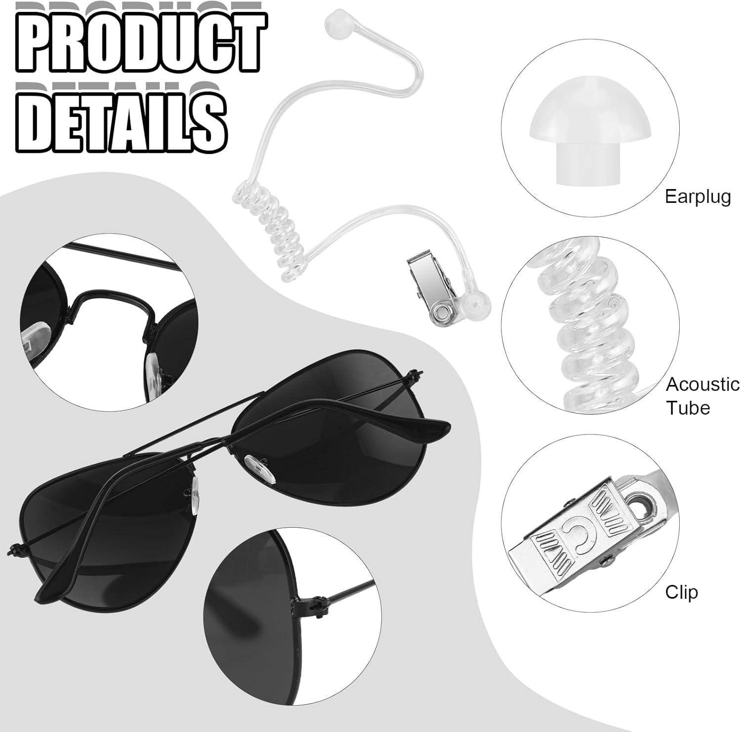 Mepase Set of 8 Agent Costume Set Secret Security Guard Costume Adjustable Pre-Tied Zipper Tie ID Badge Prop Black Sunglasses Earpiece for Men Halloween Party Cosplay Game, Black