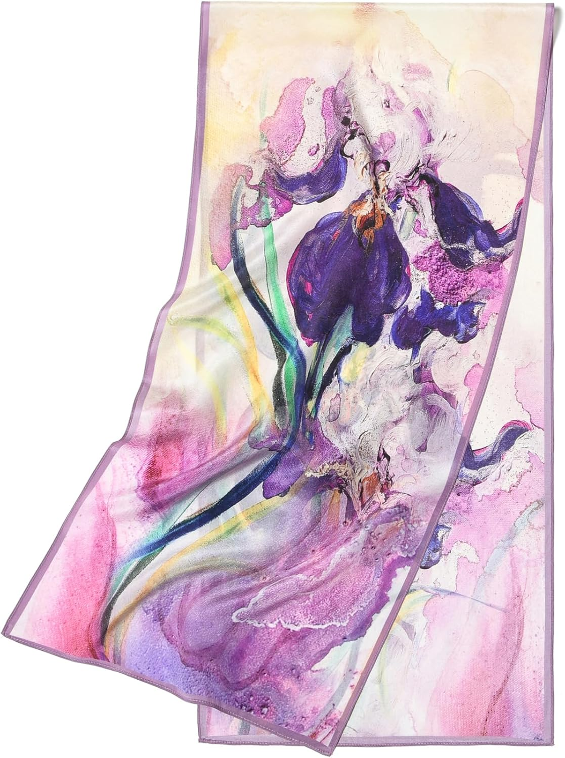 SHIROUYU 100% Mulberry Silk Women'S 55&rdquo;*14&rdquo; Long Scarf Headscarf and Neck Scarf - Rectangular Hair Towel with Gift Packed, Pink-Flower image number 2