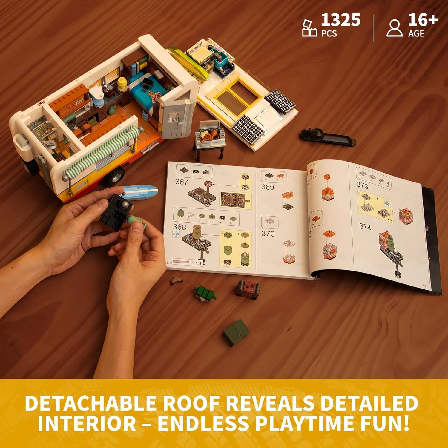 FUNWHOLE Travel Trailer Lighting Building-Bricks Set - Classic Camper Van for Beach 1325 Pcs Creator Vehicle Kit for Adult and Teens image number 5