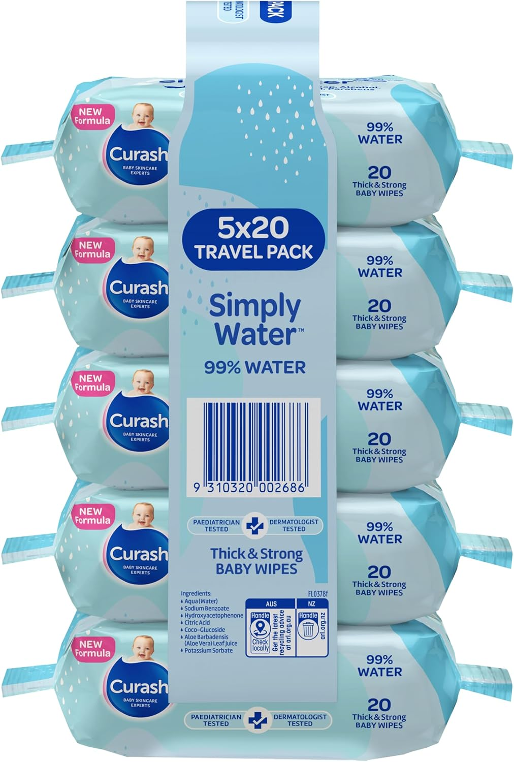 Curash Simply Water Baby Wipes, 5X20 Pk, Thick & Soft Texture, 99% Purified Water with No Soap, Alcohol or Parabens, Suitable for Newborns, Everyday Cleansing & Nappy Changes, Travel Size, 100 Wipes image number 3