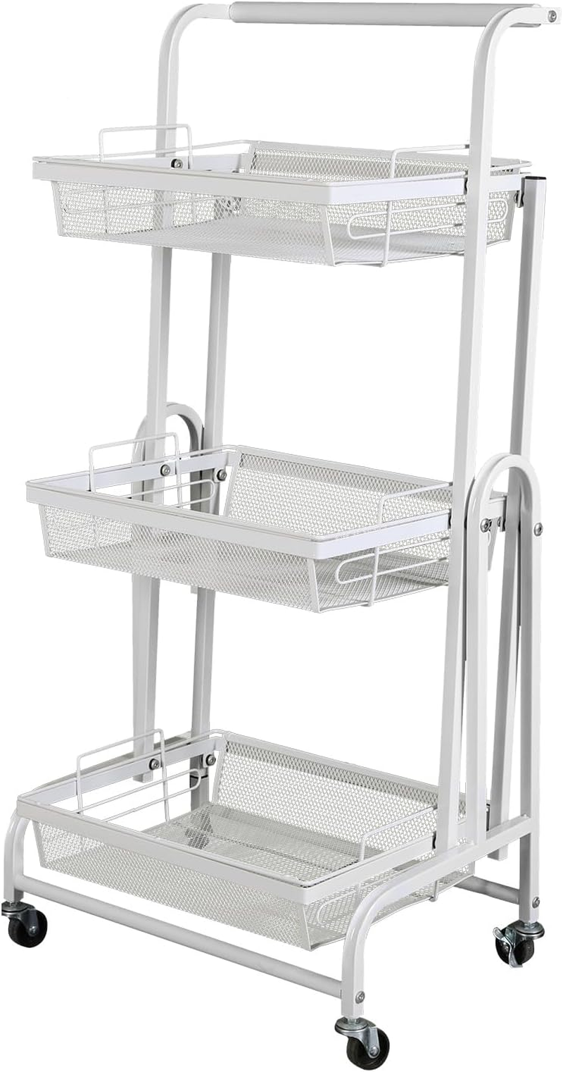 Levede 3 Tier Kitchen Trolley Cart Mobile Foldable Vegetable Storage Shelf Removable Basket, 90&deg;-180&deg; Rotatable Flat Rolling Fruit Organizer Rack with Brake for Living Room,Laundry,30Kg Capacity White image number 1