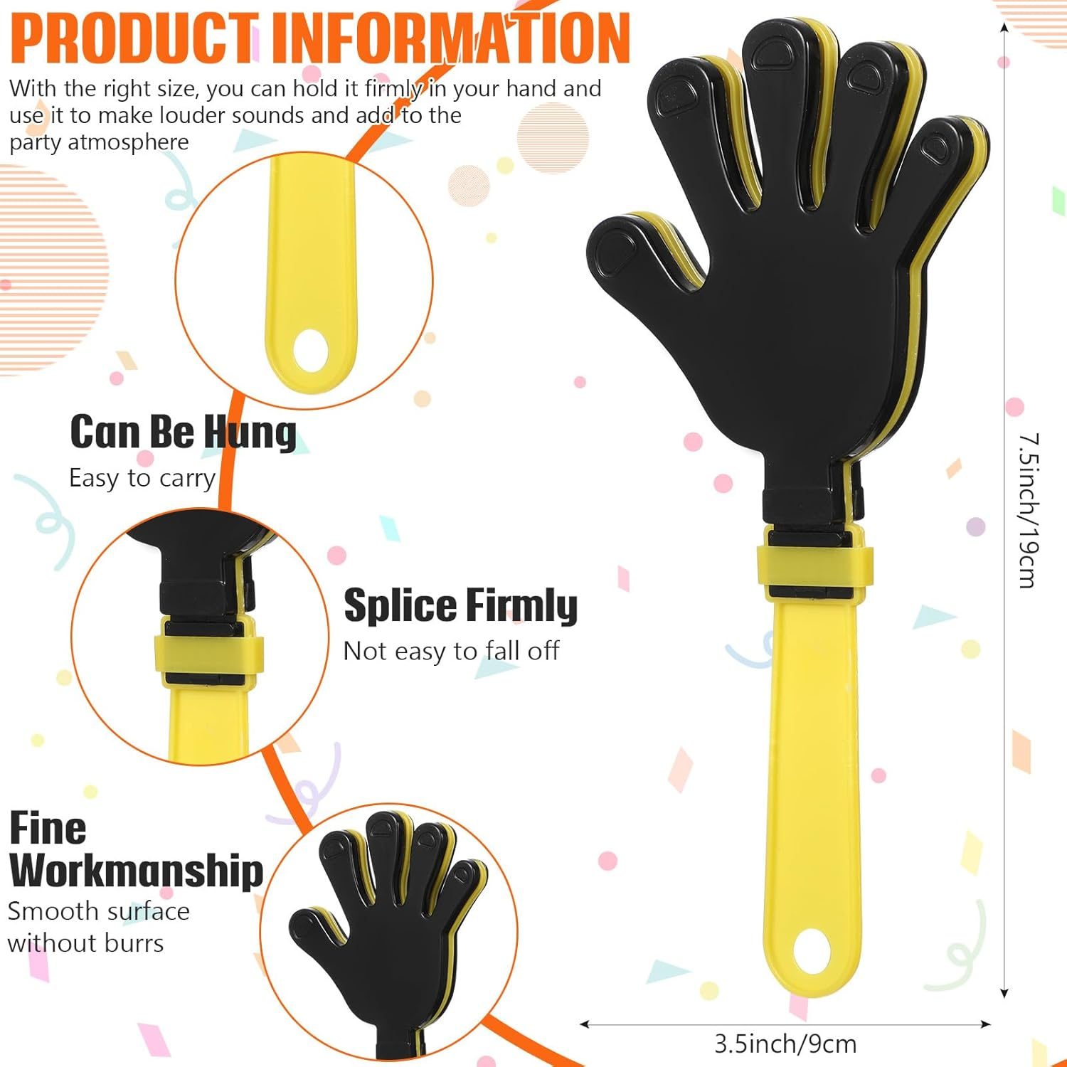 ZCYSRLQIN 24 Pcs Hand Clappers 7.5 Inch Plastic Clappers Noisemakers Party Favors Clapping Noise Maker Birthdays Game Prizes Classroom Rewards Football Sporting Events Cheers Supplies (Yellow,Black) image number 3