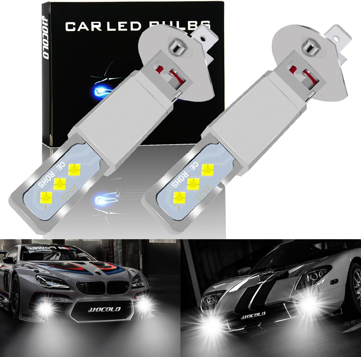 HOCOLO 2X L2 H1 6000K LED Fog Light Bulbs Set, 6000LM 6-2525-SMD Ceramic Lamp Beads, Plug and Play Fog Lamps Replace Bulb for Cars Vehicle ATV/UTV off ROAD LIGHT (White, H1)